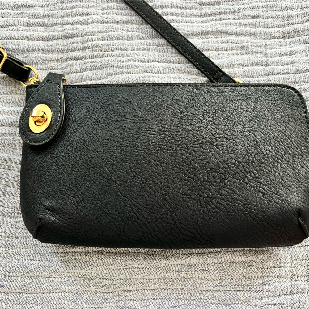 Dark Navy Blue VERA BRADLEY leather crossbody or wristlet with gold accents